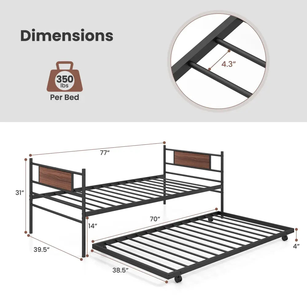 Twin Size Metal Daybed with Trundle and Wood Grain Headboard - Black - Trundle Bed Frame