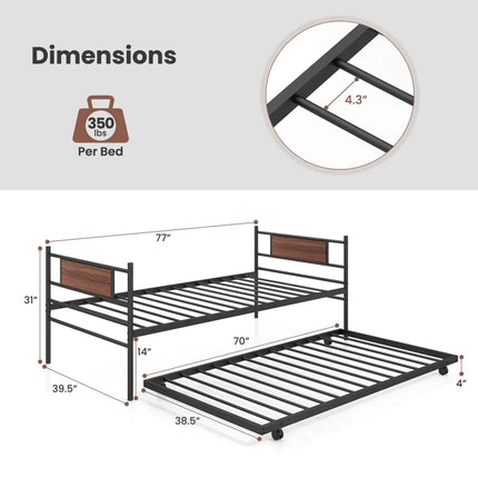 Twin Size Metal Daybed with Trundle and Wood Grain Headboard - Black - Trundle Bed Frame