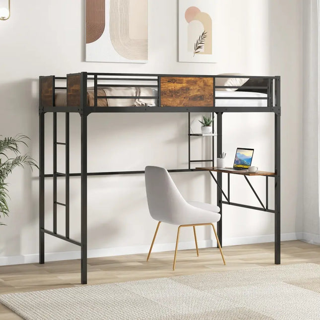 Twin Size Metal Loft Bed with Desk Storage Shelf and Build-in Ladder-Twin Size - Black - Bunk Bed Frame