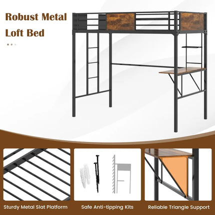 Twin Size Metal Loft Bed with Desk Storage Shelf and Build-in Ladder-Twin Size - Black - Bunk Bed Frame