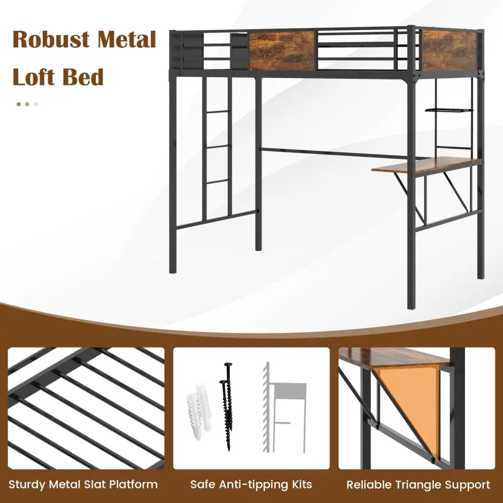 Twin Size Metal Loft Bed with Desk Storage Shelf and Build-in Ladder-Twin Size - Black - Bunk Bed Frame