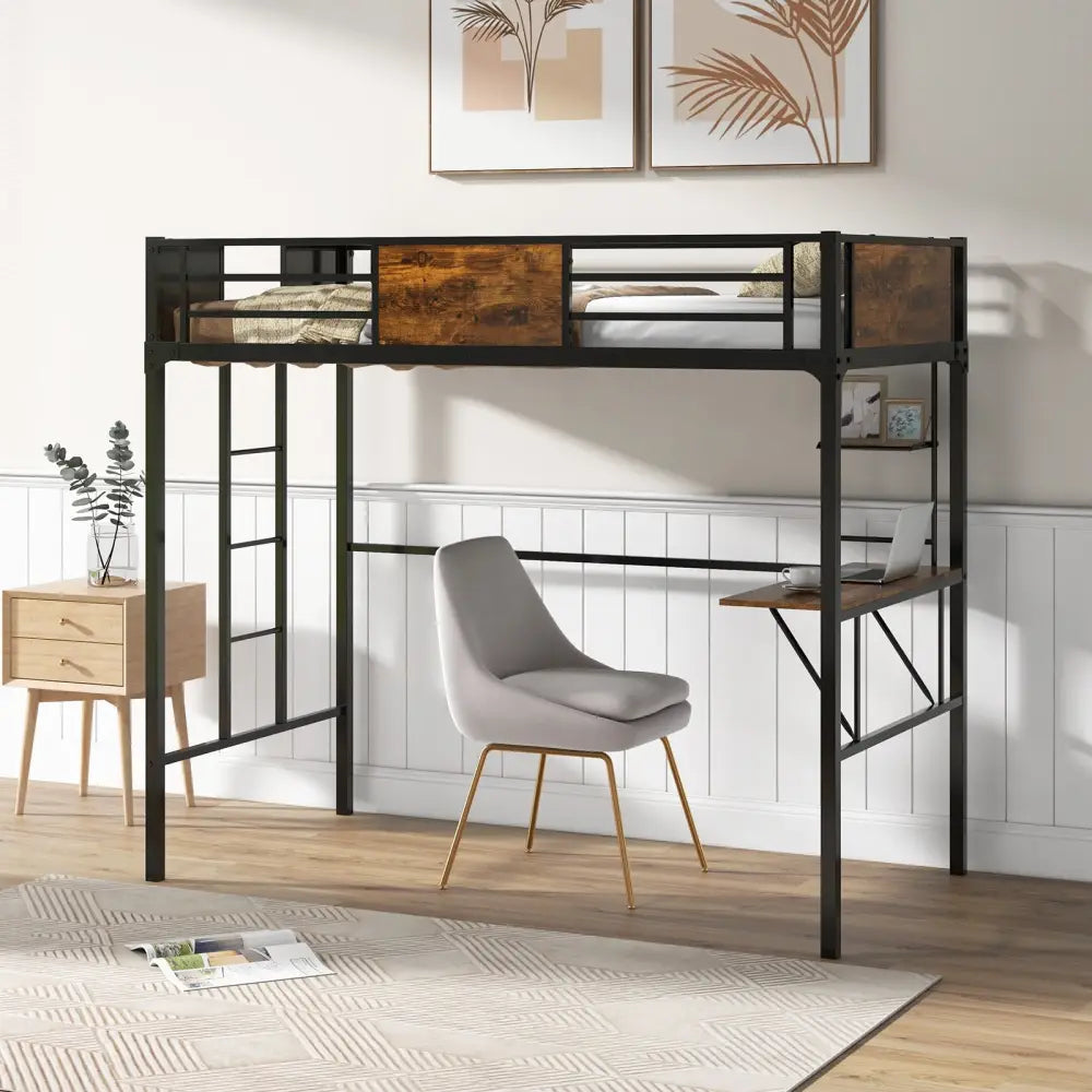 Twin Size Metal Loft Bed with Desk Storage Shelf and Build-in Ladder-Twin Size - Black - Bunk Bed Frame