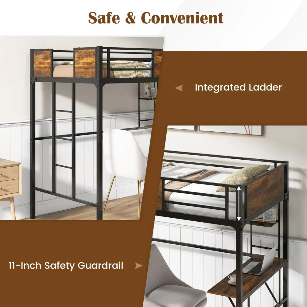 Twin Size Metal Loft Bed with Desk Storage Shelf and Build-in Ladder-Twin Size - Black - Bunk Bed Frame