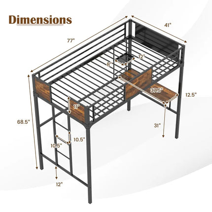Twin Size Metal Loft Bed with Desk Storage Shelf and Build-in Ladder-Twin Size - Black - Bunk Bed Frame
