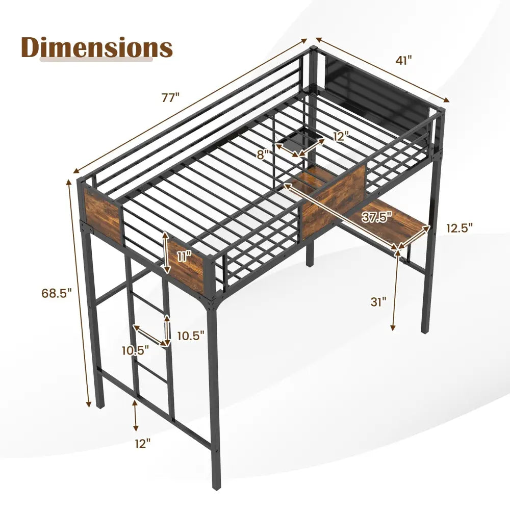 Twin Size Metal Loft Bed with Desk Storage Shelf and Build-in Ladder-Twin Size - Black - Bunk Bed Frame