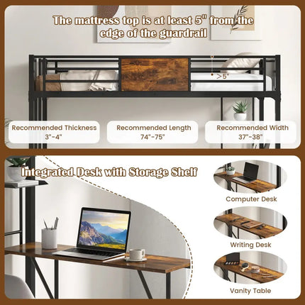Twin Size Metal Loft Bed with Desk Storage Shelf and Build-in Ladder-Twin Size - Black - Bunk Bed Frame