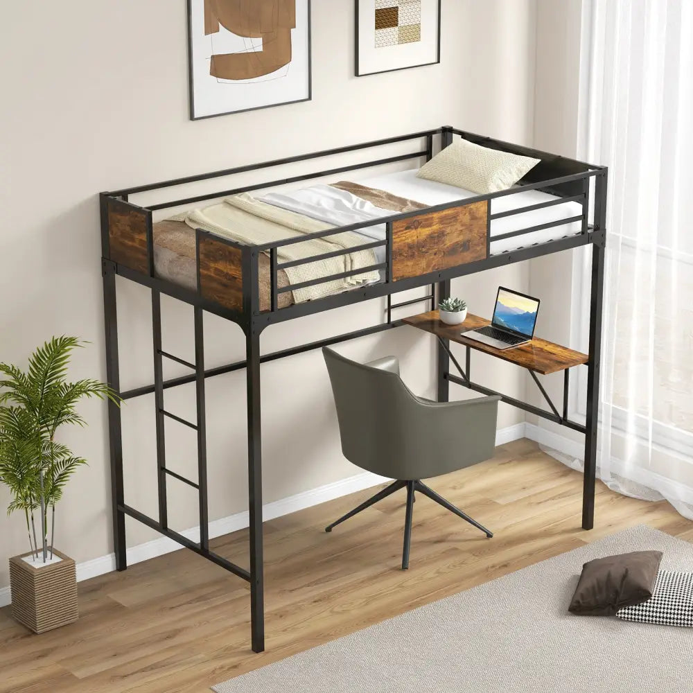 Twin Size Metal Loft Bed with Desk Storage Shelf and Build-in Ladder-Twin Size - Black - Bunk Bed Frame