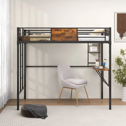 Twin Size Metal Loft Bed with Desk Storage Shelf and Build-in Ladder-Twin Size - Black - Bunk Bed Frame