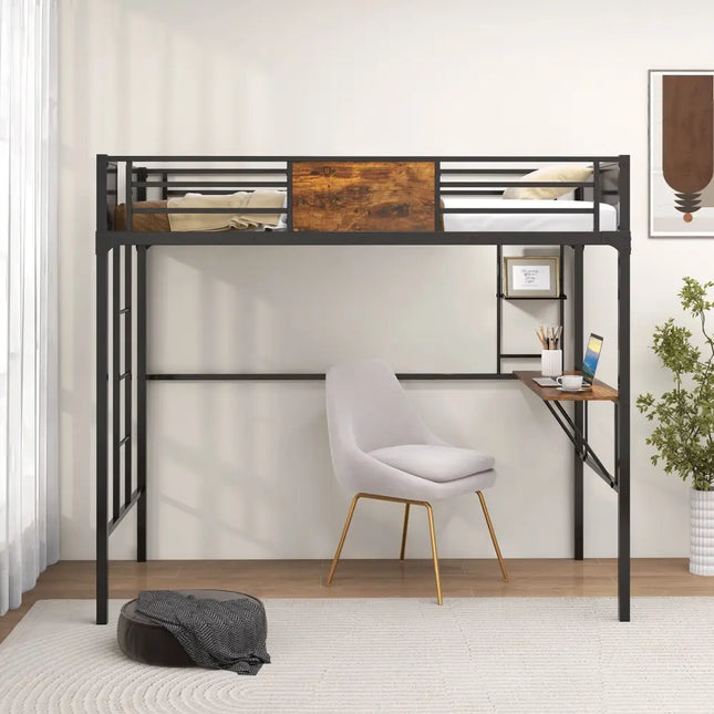 Twin Size Metal Loft Bed with Desk Storage Shelf and Build-in Ladder-Twin Size - Black - Bunk Bed Frame