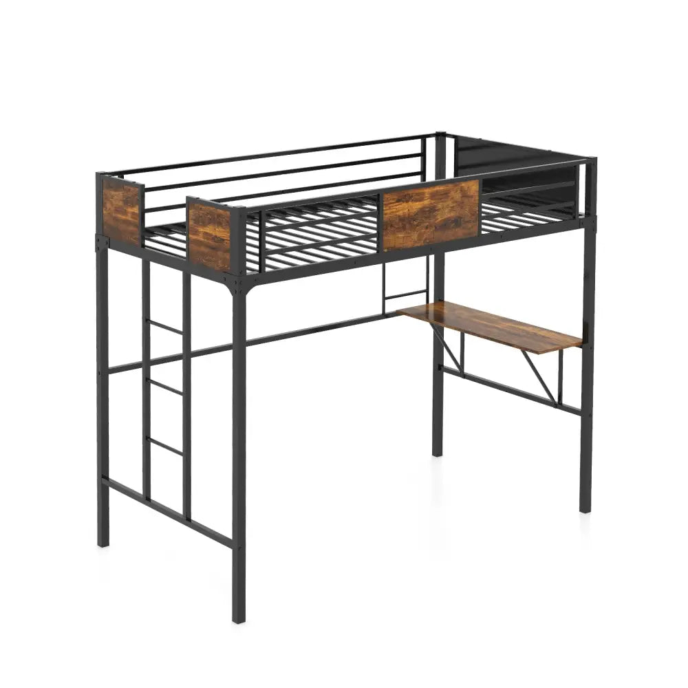 Twin Size Metal Loft Bed with Desk Storage Shelf and Build-in Ladder-Twin Size - Black - Bunk Bed Frame