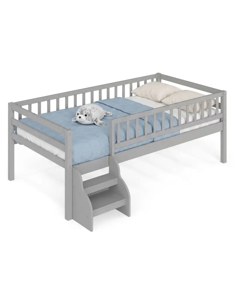 Twin Size Montessori Bed with Stairs and Guardrails-Gray - Gray - Beds & Bed Frames