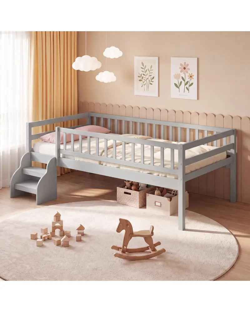 Twin Size Montessori Bed with Stairs and Guardrails-Gray - Gray - Beds & Bed Frames