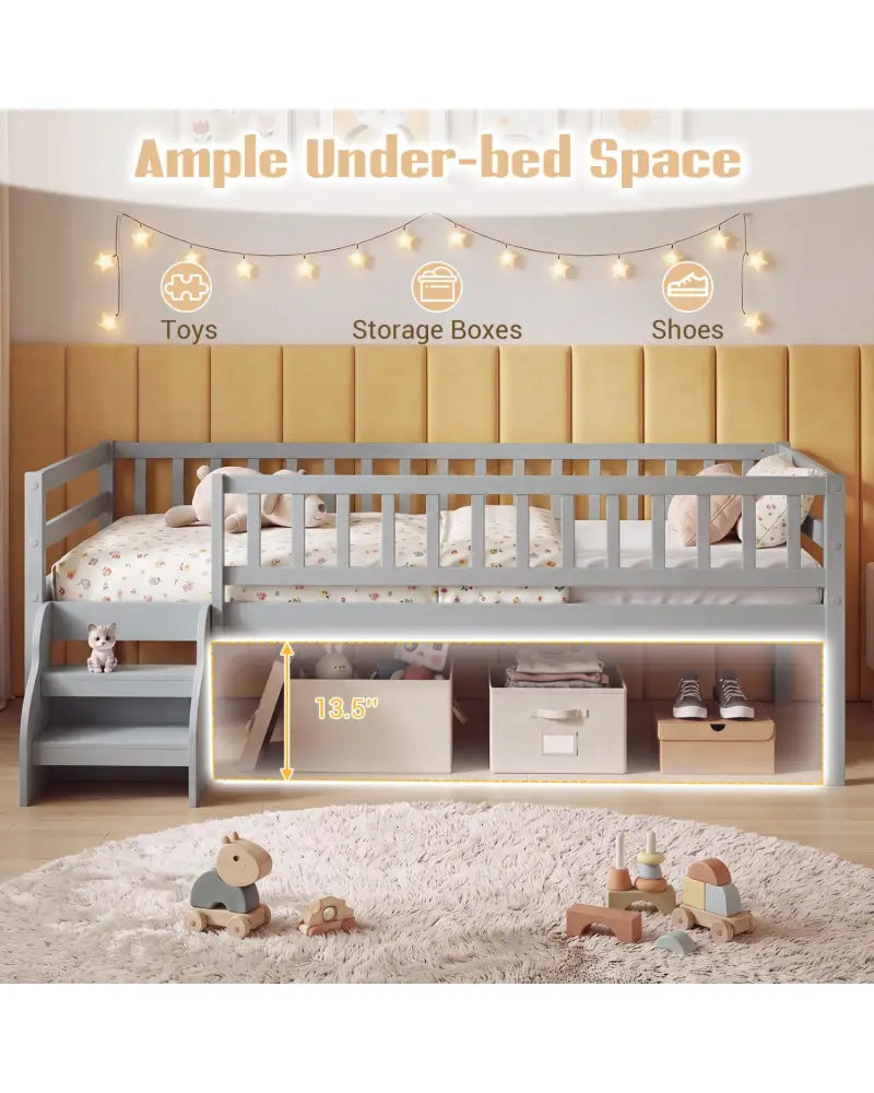 Twin Size Montessori Bed with Stairs and Guardrails-Gray - Gray - Beds & Bed Frames