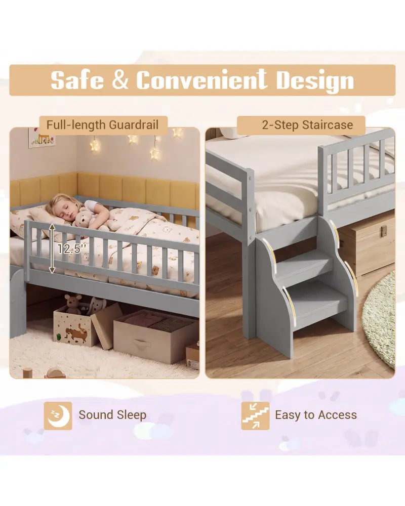 Twin Size Montessori Bed with Stairs and Guardrails-Gray - Gray - Beds & Bed Frames