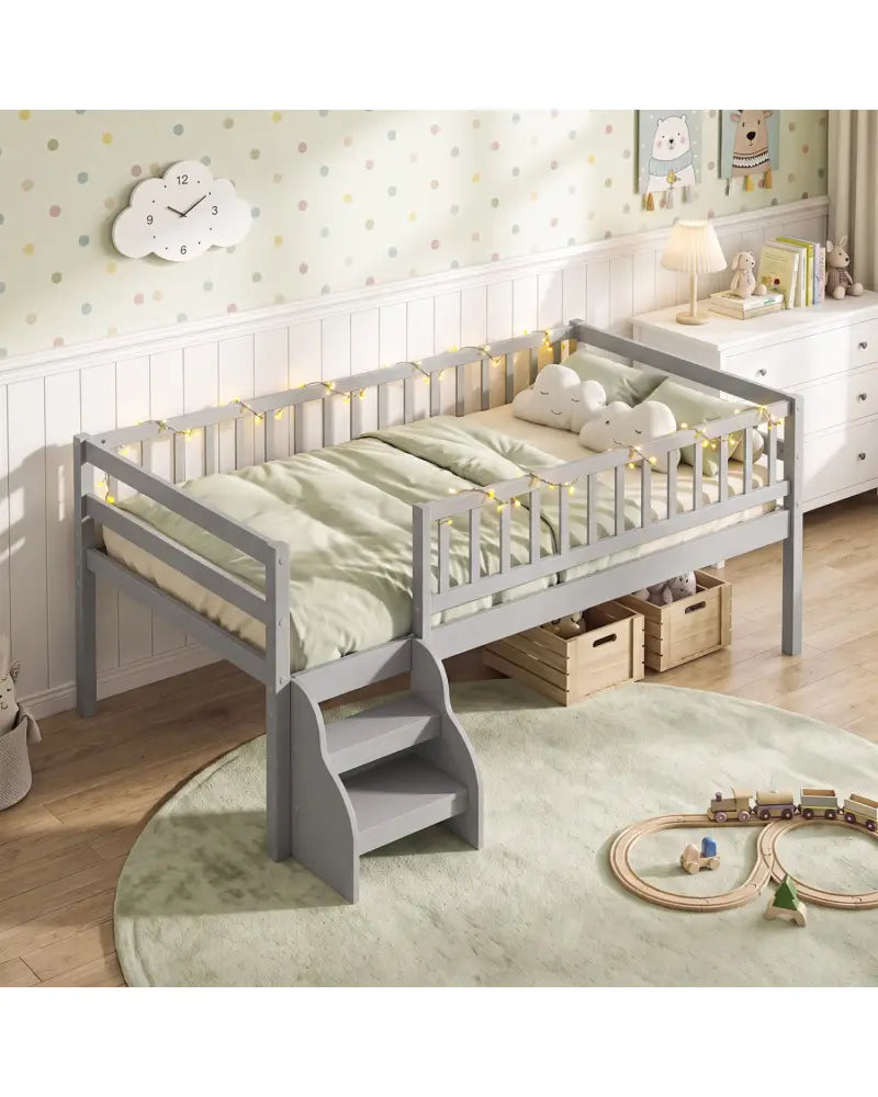 Twin Size Montessori Bed with Stairs and Guardrails-Gray - Gray - Beds & Bed Frames