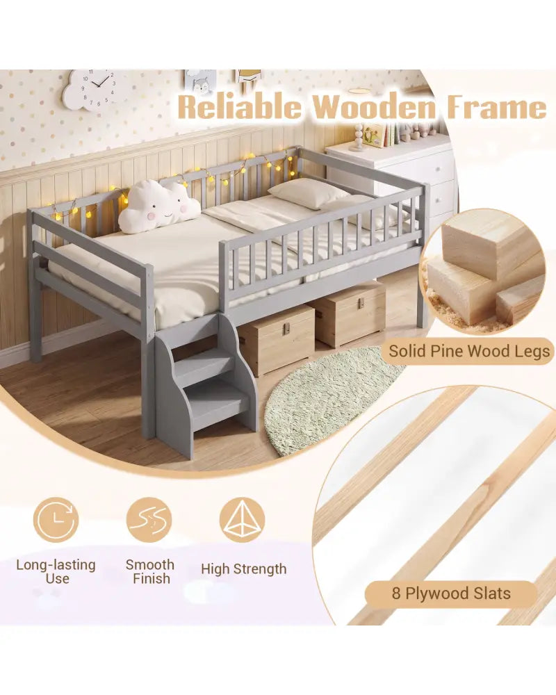 Twin Size Montessori Bed with Stairs and Guardrails-Gray - Gray - Beds & Bed Frames