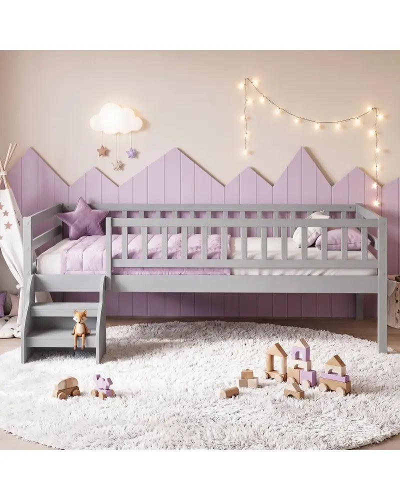Twin Size Montessori Bed with Stairs and Guardrails-Gray - Gray - Beds & Bed Frames