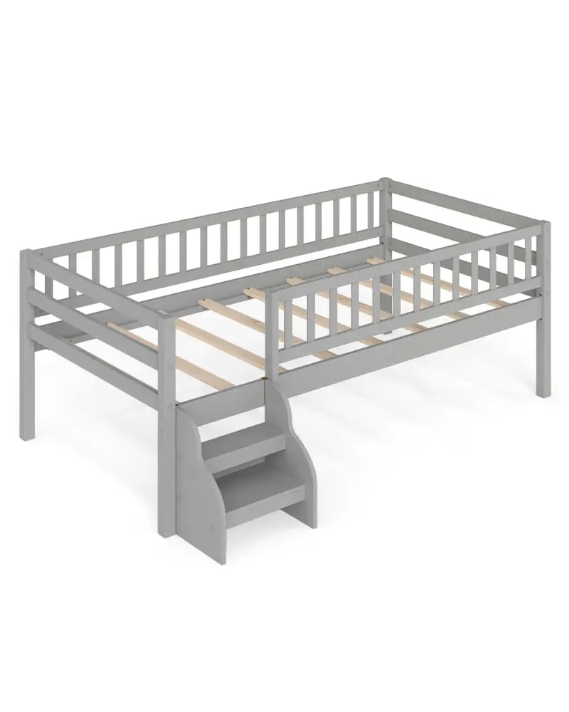 Twin Size Montessori Bed with Stairs and Guardrails-Gray - Gray - Beds & Bed Frames