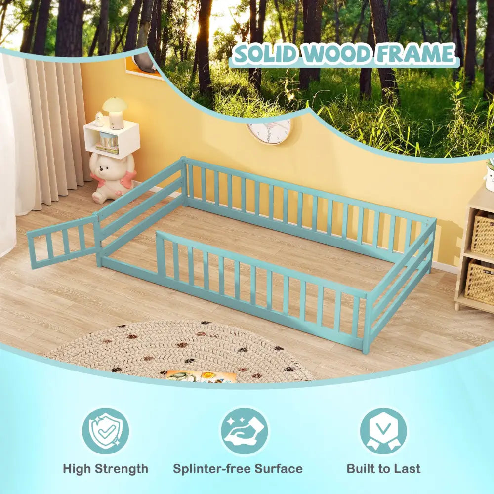 Twin Size Montessori Floor Bed Frame with Full Length Safety Guardrails-Dark Green - Dark Green - Toddler Beds