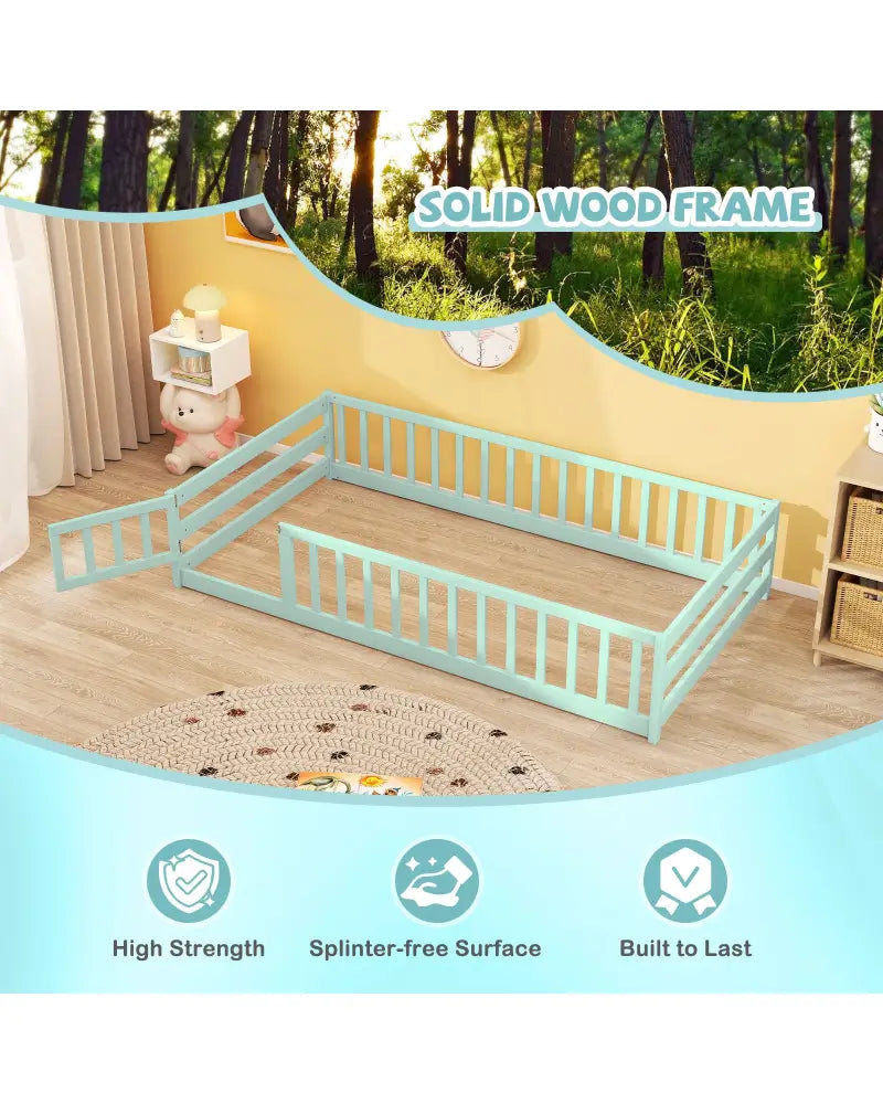 Twin Size Montessori Floor Bed Frame with Full Length Safety Guardrails-Green - Green - Toddler Beds