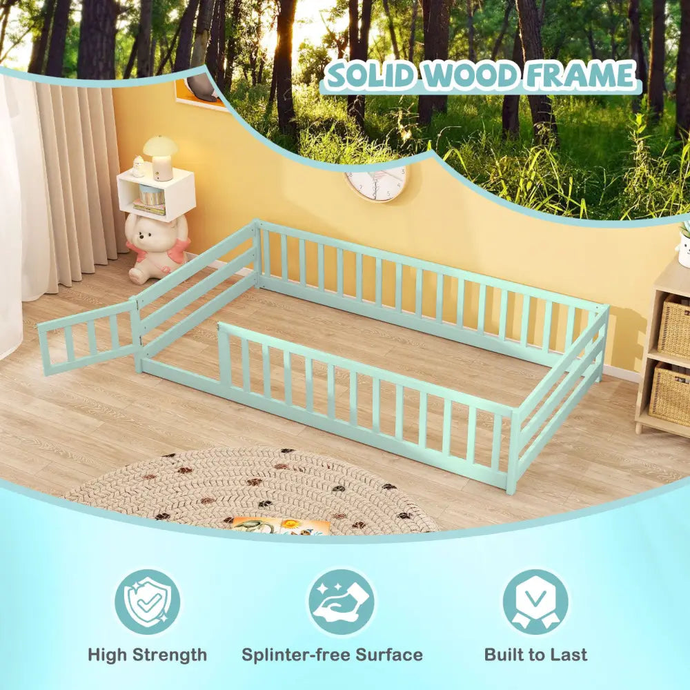 Twin Size Montessori Floor Bed Frame with Full Length Safety Guardrails-Green - Green - Toddler Beds