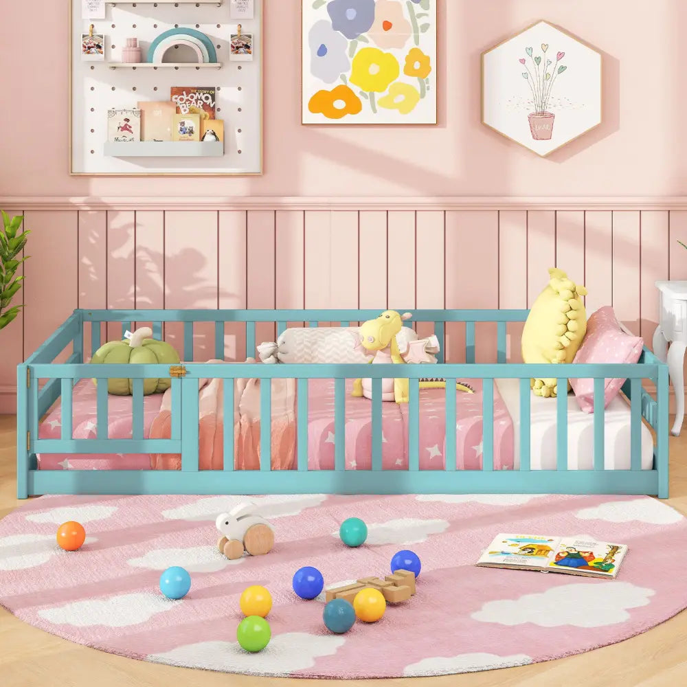 Twin Size Montessori Floor Bed Frame with Full Length Safety Guardrails-Dark Green - Dark Green - Toddler Beds