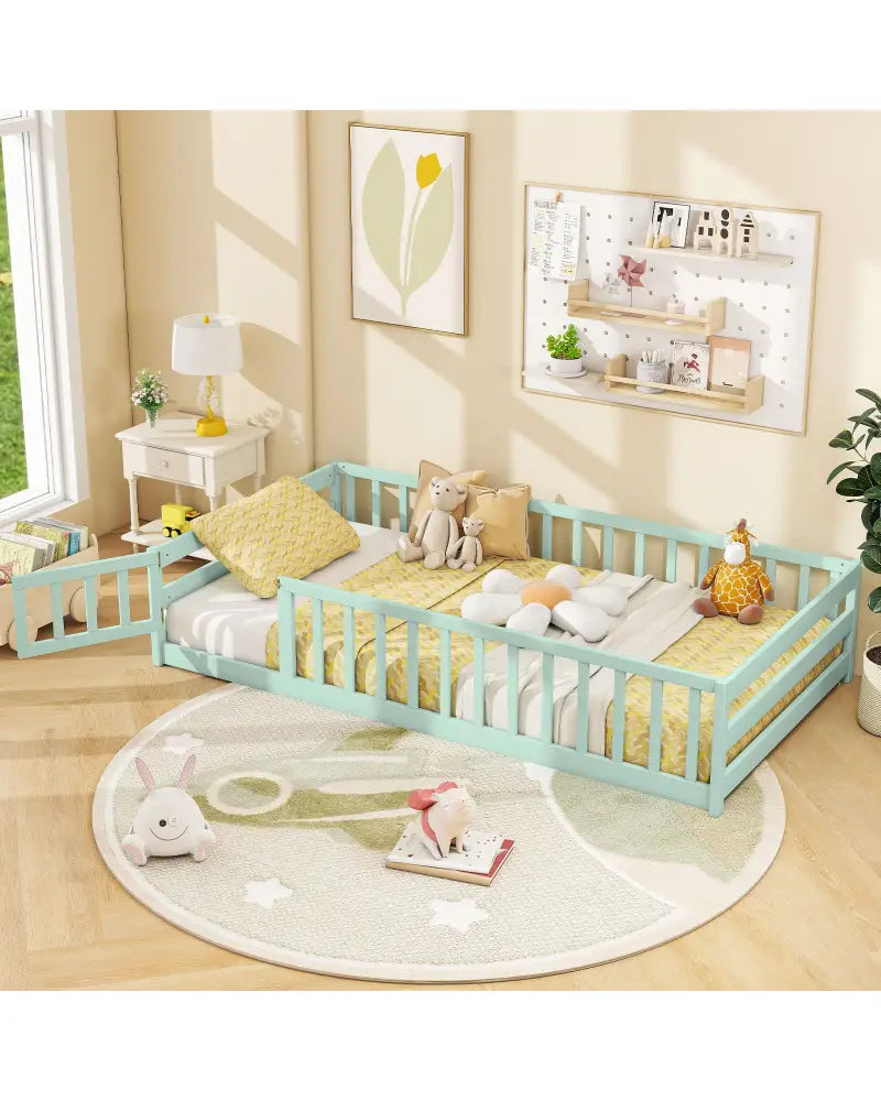 Twin Size Montessori Floor Bed Frame with Full Length Safety Guardrails-Green - Green - Toddler Beds