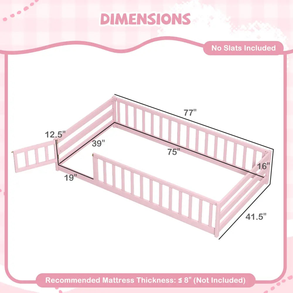 Twin Size Montessori Floor Bed Frame with Full Length Safety Guardrails-Pink - Pink - Toddler Beds