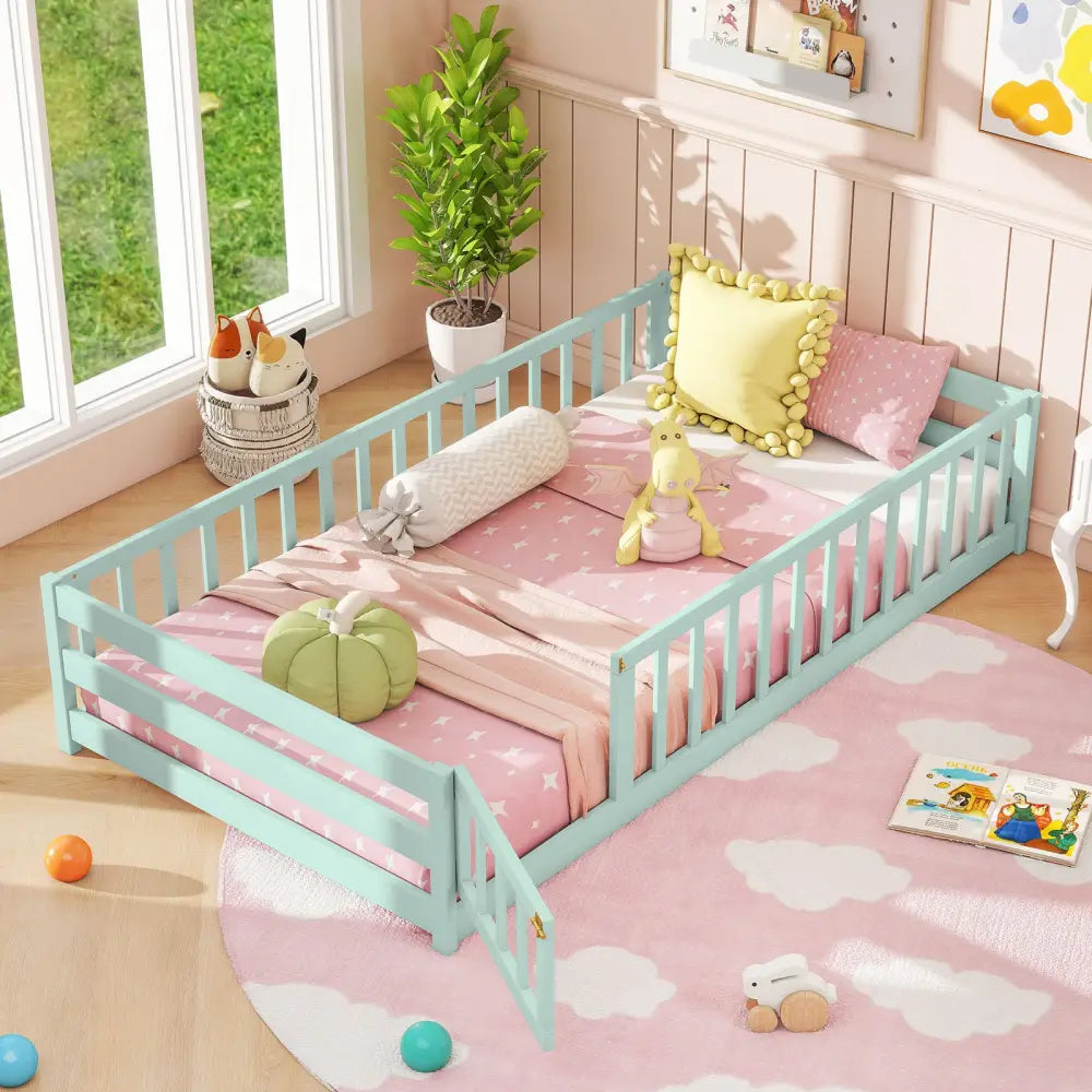 Twin Size Montessori Floor Bed Frame with Full Length Safety Guardrails-Green - Green - Toddler Beds