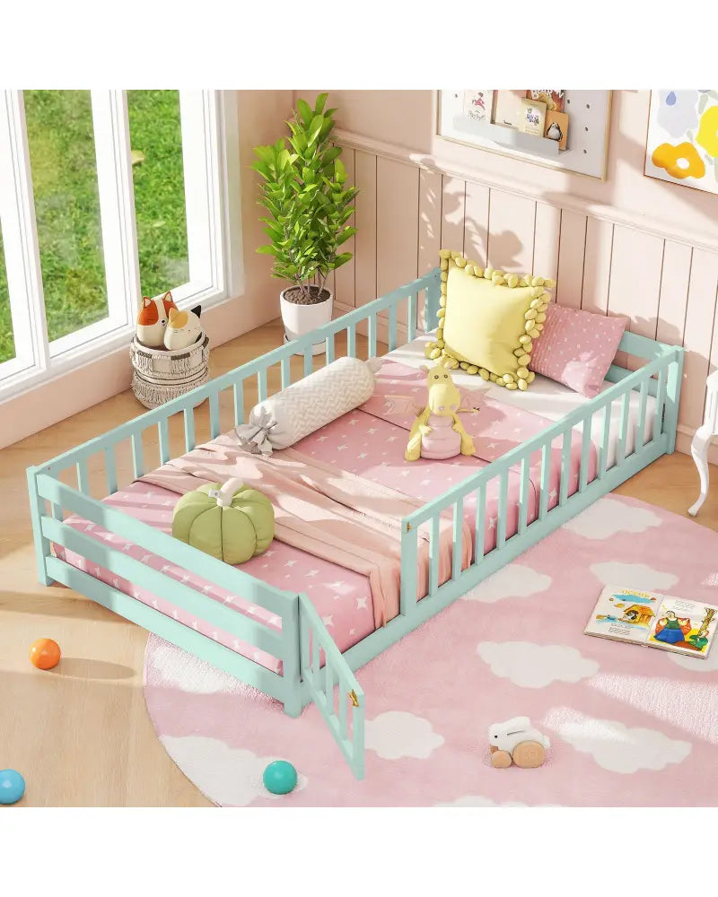 Twin Size Montessori Floor Bed Frame with Full Length Safety Guardrails-Green - Green - Toddler Beds
