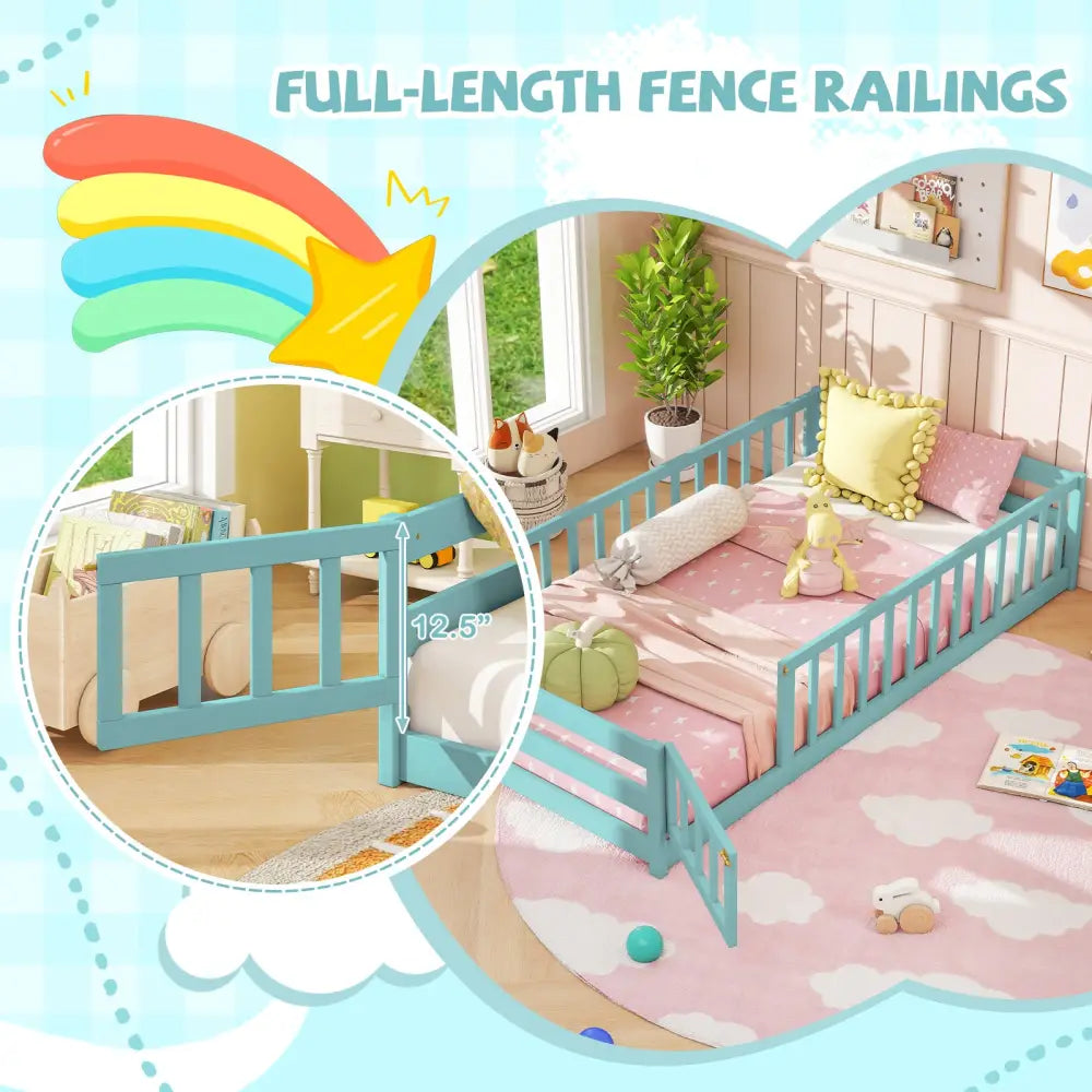 Twin Size Montessori Floor Bed Frame with Full Length Safety Guardrails-Dark Green - Dark Green - Toddler Beds