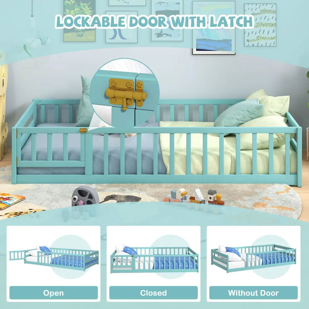 Twin Size Montessori Floor Bed Frame with Full Length Safety Guardrails-Dark Green - Dark Green - Toddler Beds