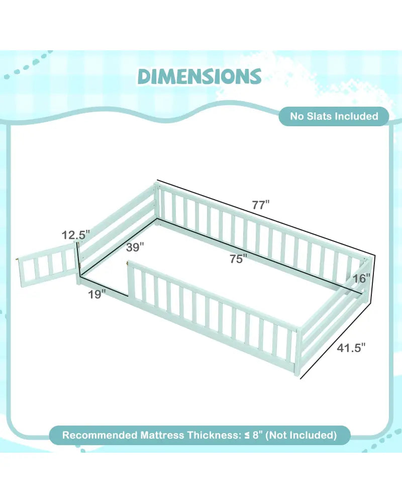Twin Size Montessori Floor Bed Frame with Full Length Safety Guardrails-Green - Green - Toddler Beds