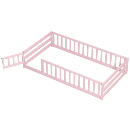 Twin Size Montessori Floor Bed Frame with Full Length Safety Guardrails-Pink - Pink - Toddler Beds