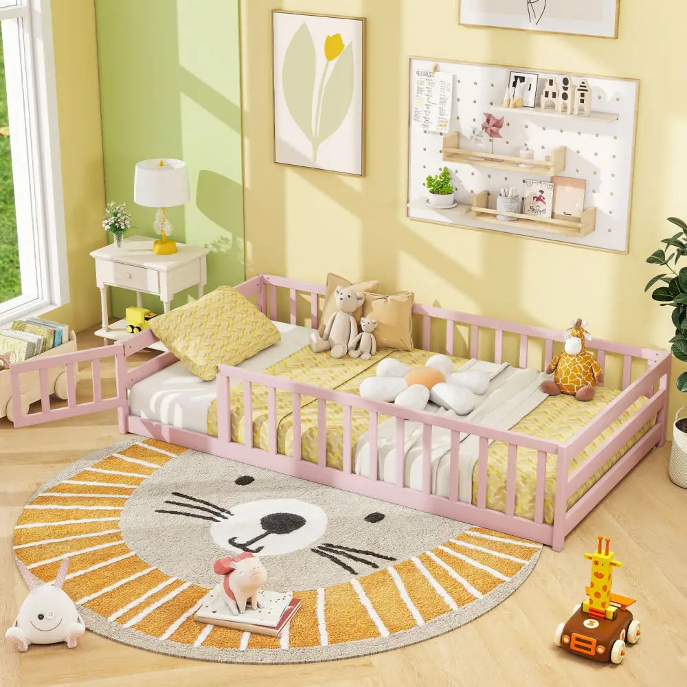Twin Size Montessori Floor Bed Frame with Full Length Safety Guardrails-Pink - Pink - Toddler Beds
