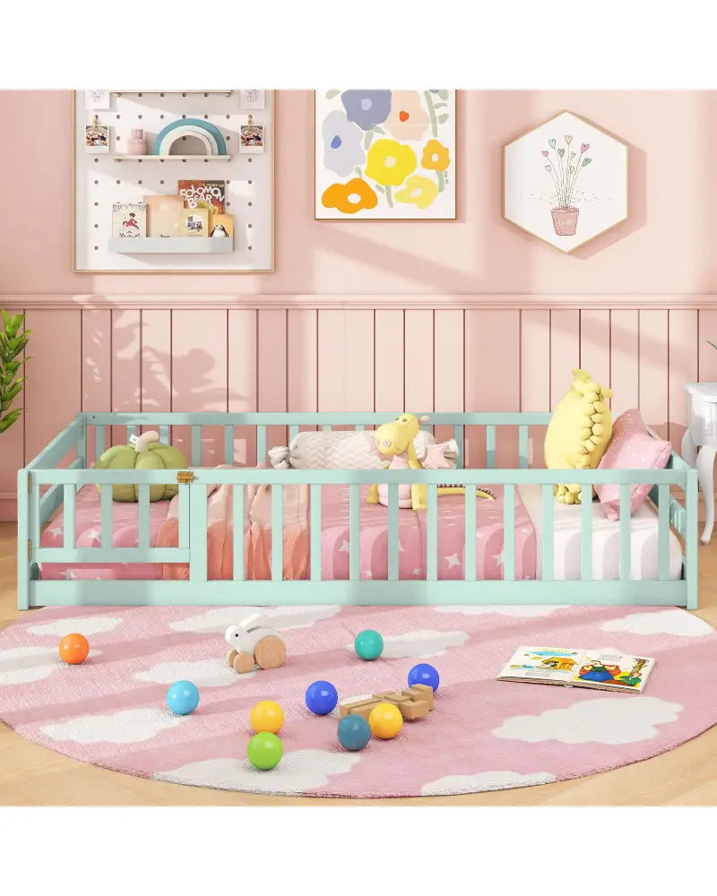 Twin Size Montessori Floor Bed Frame with Full Length Safety Guardrails-Green - Green - Toddler Beds