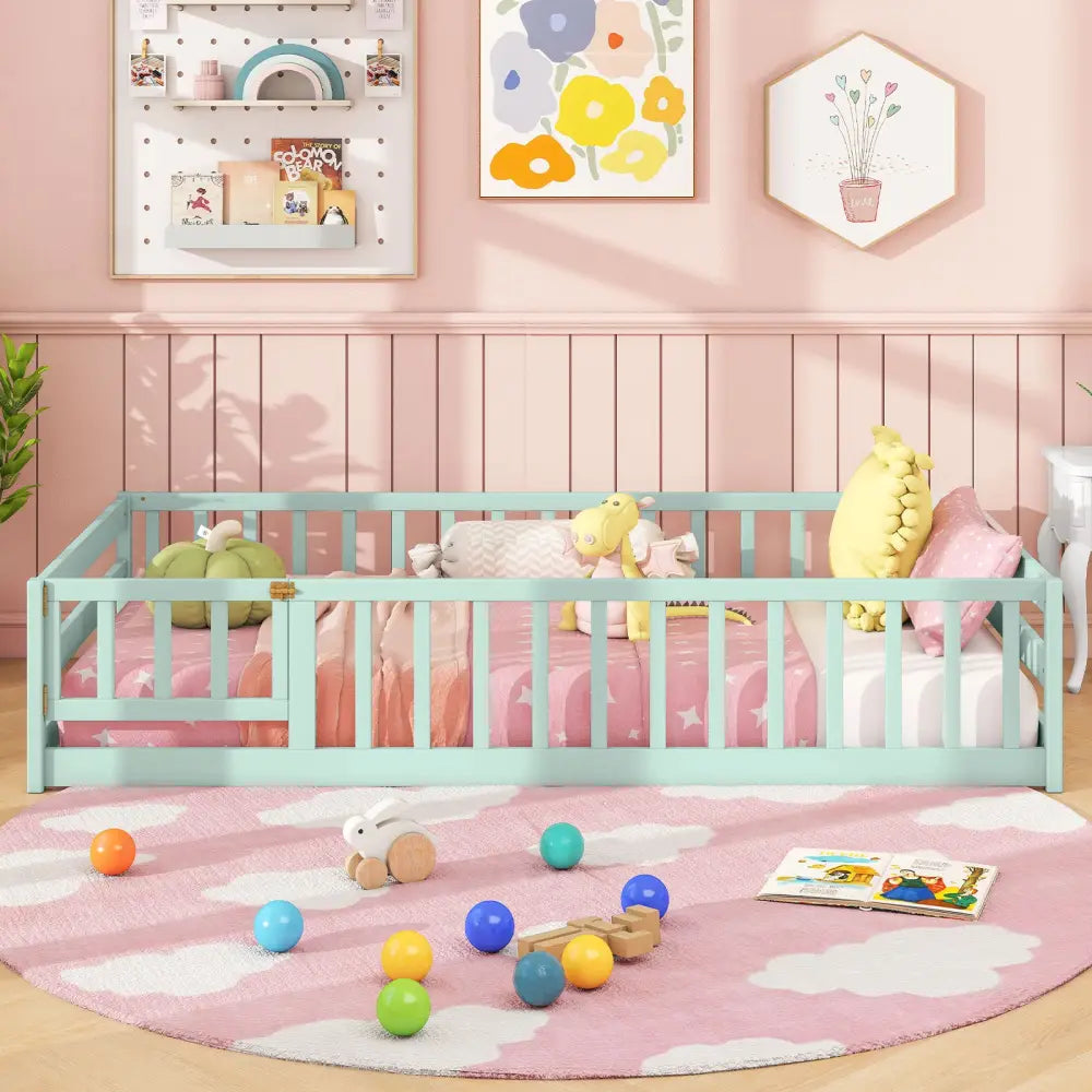 Twin Size Montessori Floor Bed Frame with Full Length Safety Guardrails-Green - Green - Toddler Beds