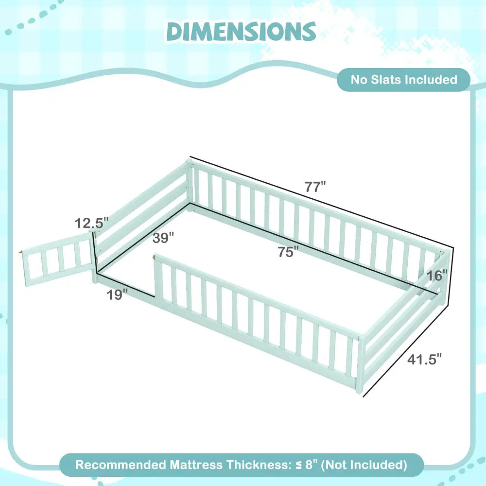 Twin Size Montessori Floor Bed Frame with Full Length Safety Guardrails-Green - Green - Toddler Beds