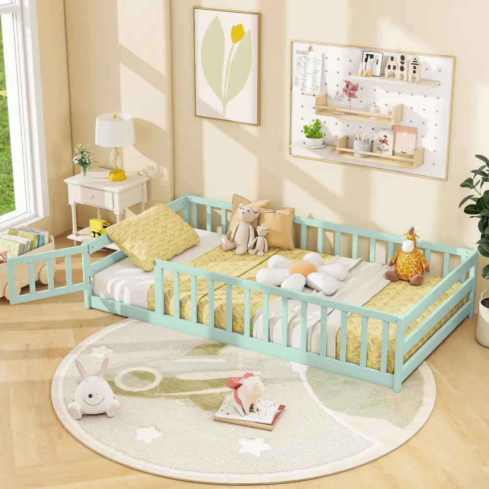 Twin Size Montessori Floor Bed Frame with Full Length Safety Guardrails-Green - Green - Toddler Beds