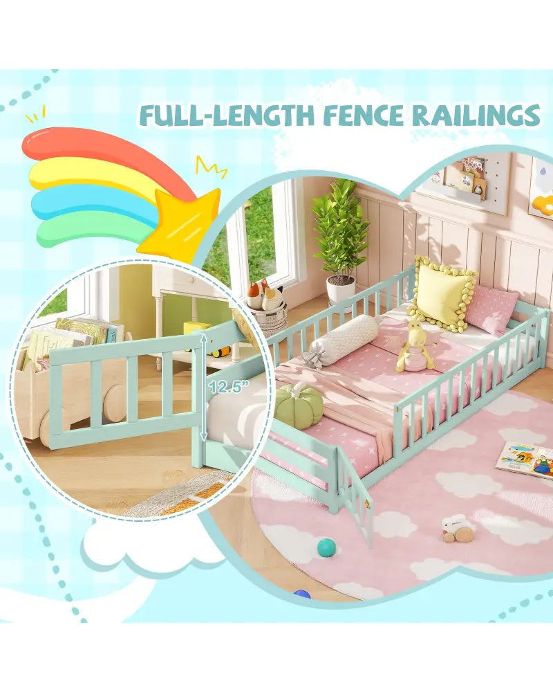 Twin Size Montessori Floor Bed Frame with Full Length Safety Guardrails-Green - Green - Toddler Beds