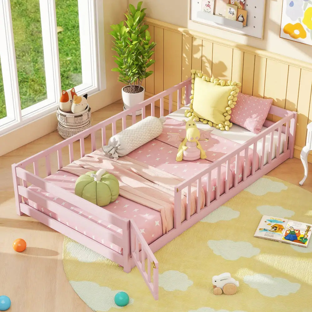 Twin Size Montessori Floor Bed Frame with Full Length Safety Guardrails-Pink - Pink - Toddler Beds