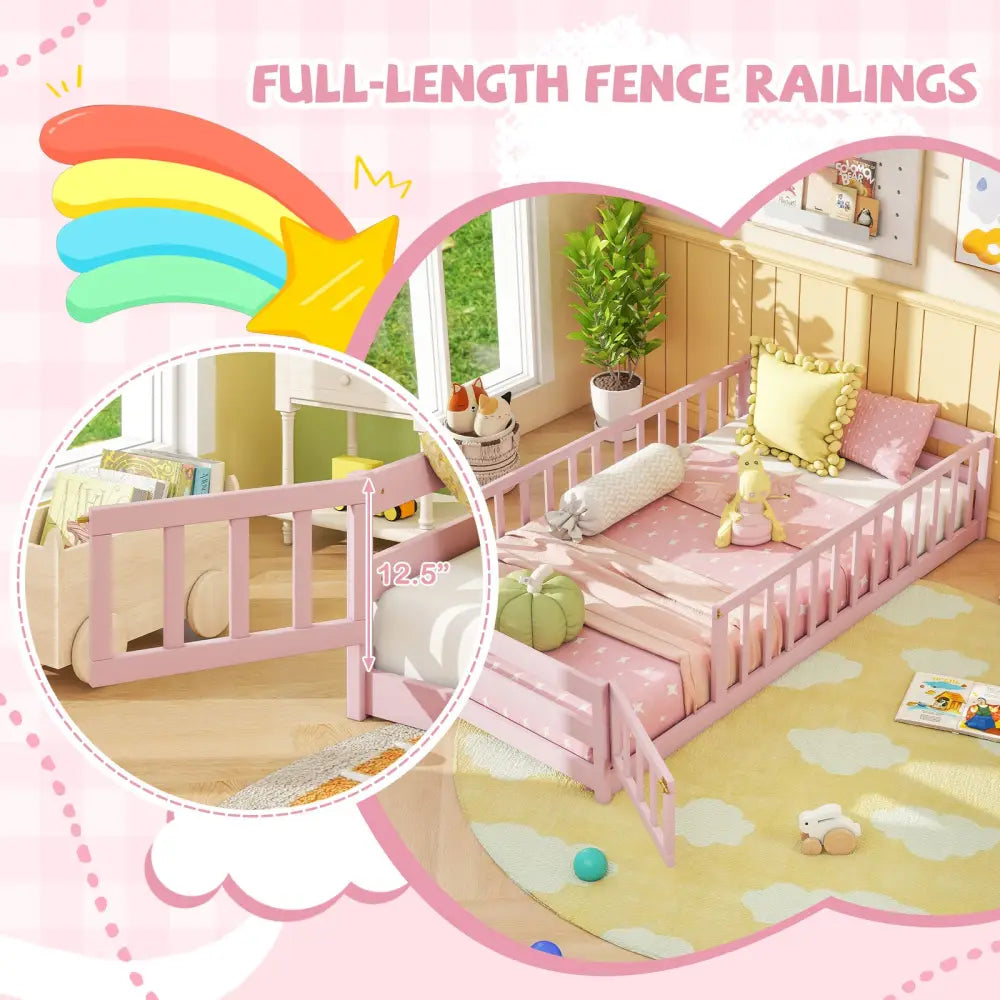 Twin Size Montessori Floor Bed Frame with Full Length Safety Guardrails-Pink - Pink - Toddler Beds