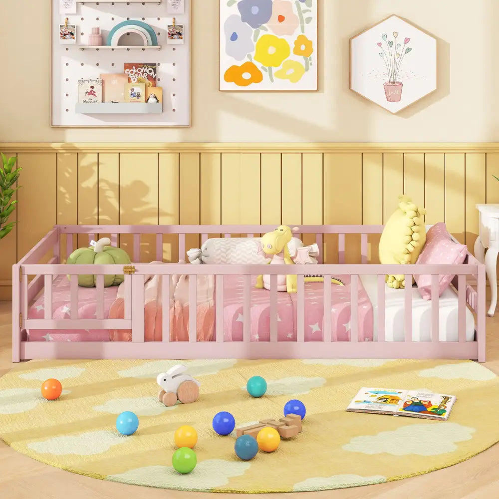Twin Size Montessori Floor Bed Frame with Full Length Safety Guardrails-Pink - Pink - Toddler Beds