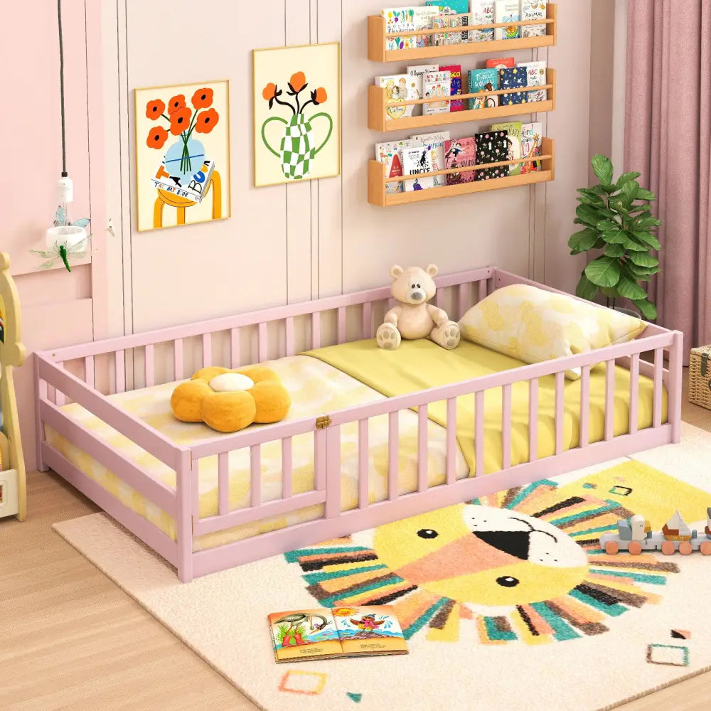 Twin Size Montessori Floor Bed Frame with Full Length Safety Guardrails-Pink - Pink - Toddler Beds