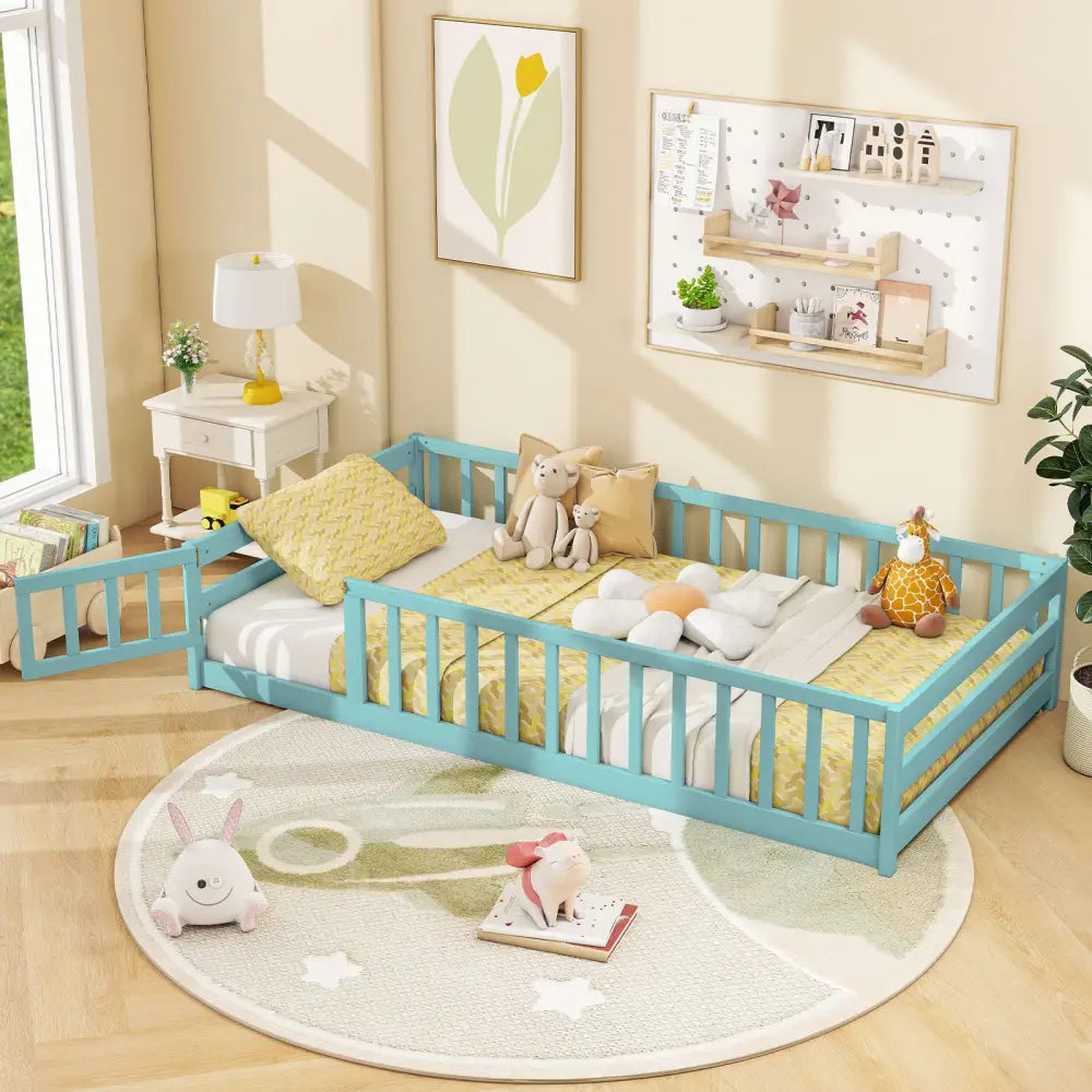 Twin Size Montessori Floor Bed Frame with Full Length Safety Guardrails-Dark Green - Dark Green - Toddler Beds