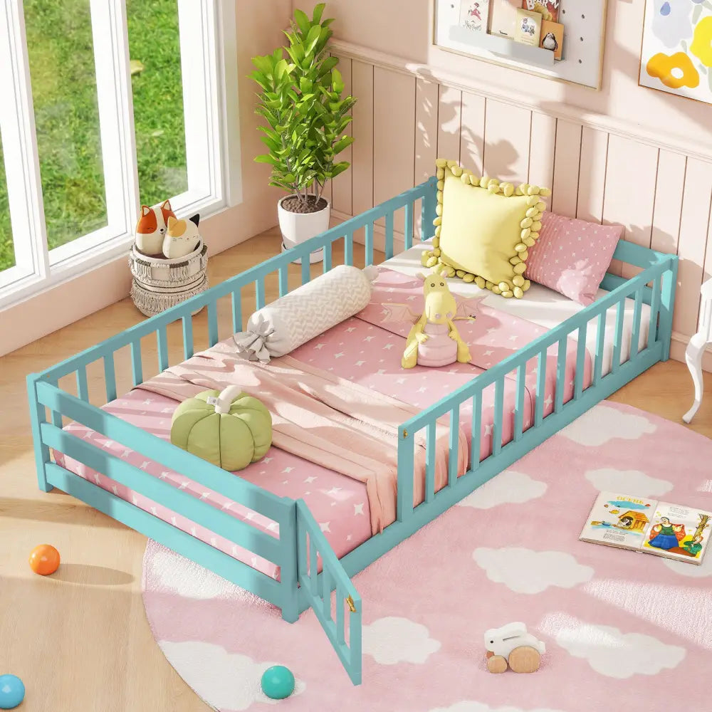 Twin Size Montessori Floor Bed Frame with Full Length Safety Guardrails-Dark Green - Dark Green - Toddler Beds