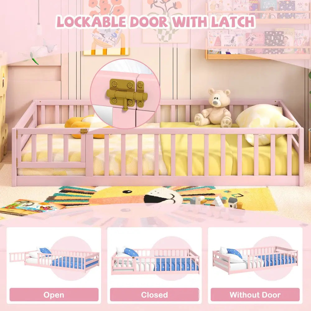 Twin Size Montessori Floor Bed Frame with Full Length Safety Guardrails-Pink - Pink - Toddler Beds