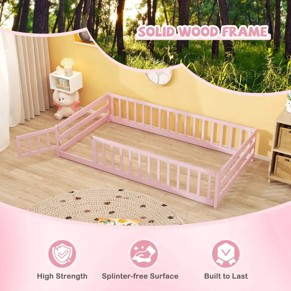 Twin Size Montessori Floor Bed Frame with Full Length Safety Guardrails-Pink - Pink - Toddler Beds