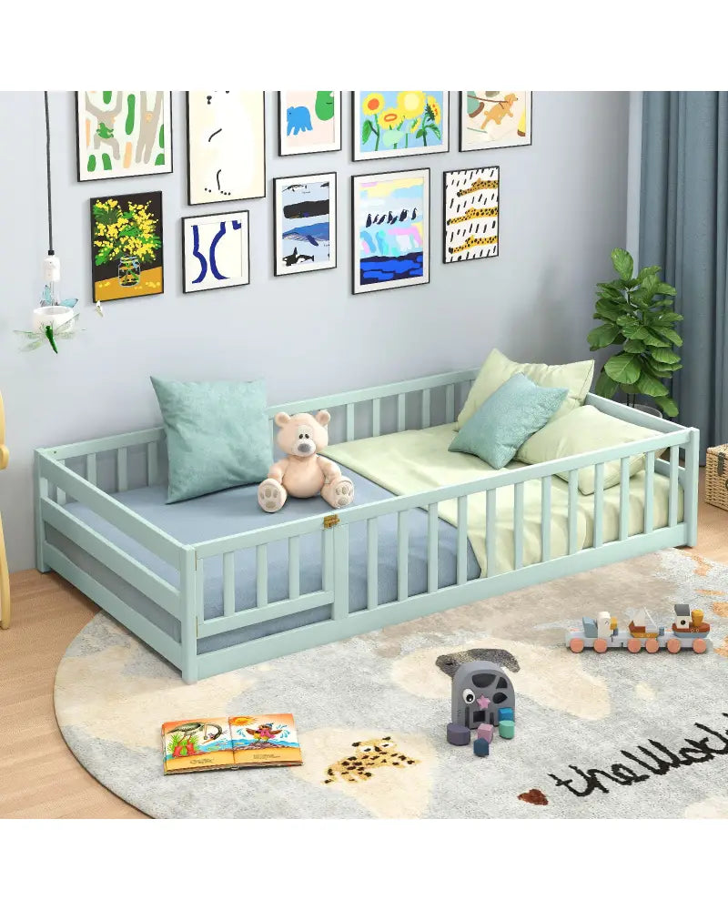 Twin Size Montessori Floor Bed Frame with Full Length Safety Guardrails-Green - Green - Toddler Beds
