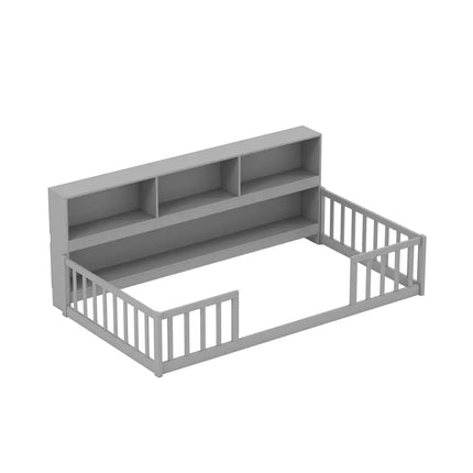 Twin Size Montessori Floor Bed with Bookcase-Gray - Gray - Trundle Bed Frame